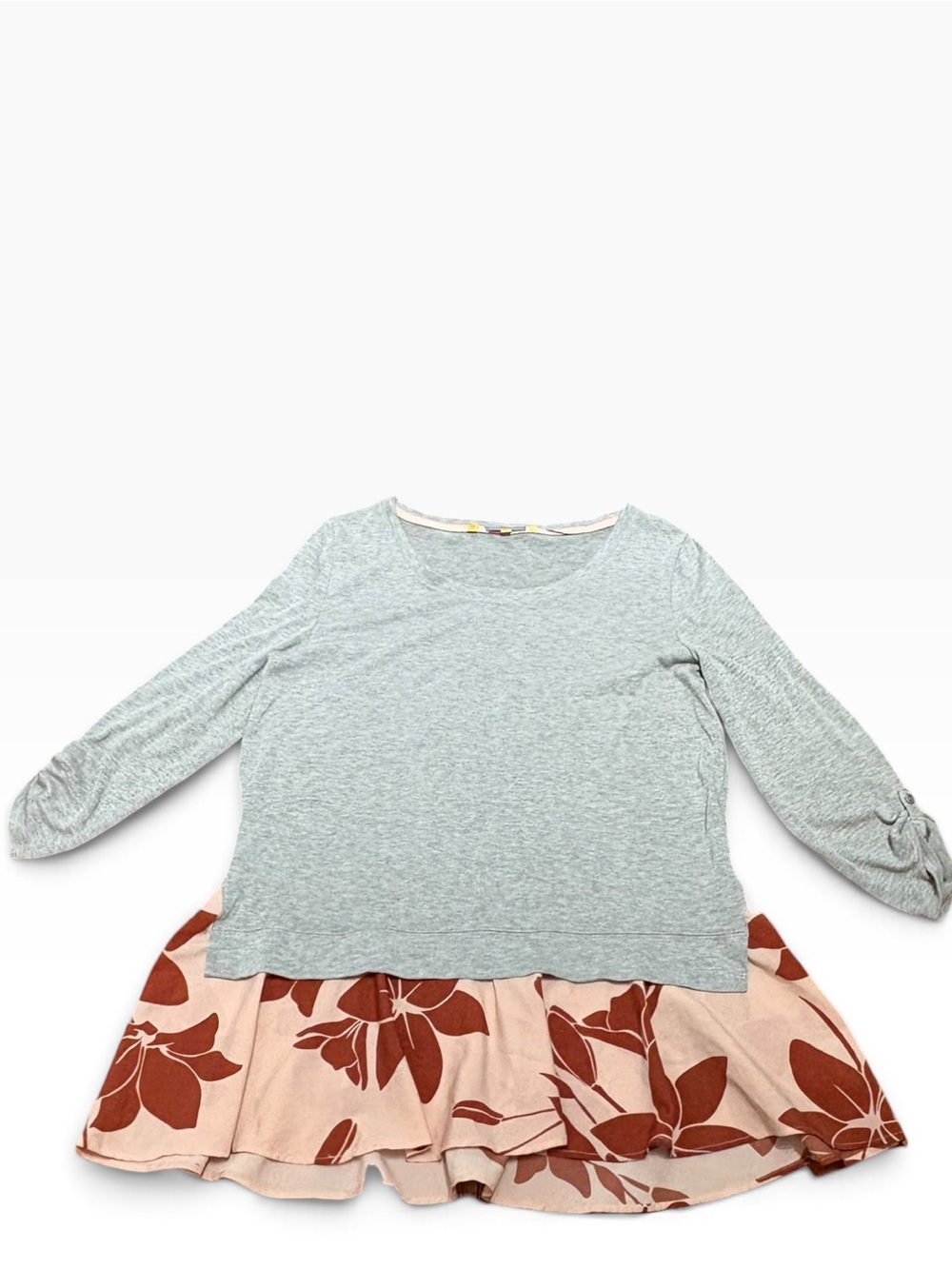 Anthropologie Little Yellow Button Heather Gray Tunic with Peach Floral Hem, L